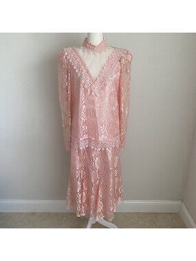 Vintage Bo-Art Fashions Womens 13/14 Pastel Pink Lace 2-Pc Top Skirt Set
